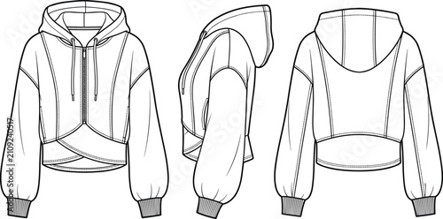 Fotografie Womens zip up cropped hoodie crossover hem drawstrings drop shoulder jacket fash