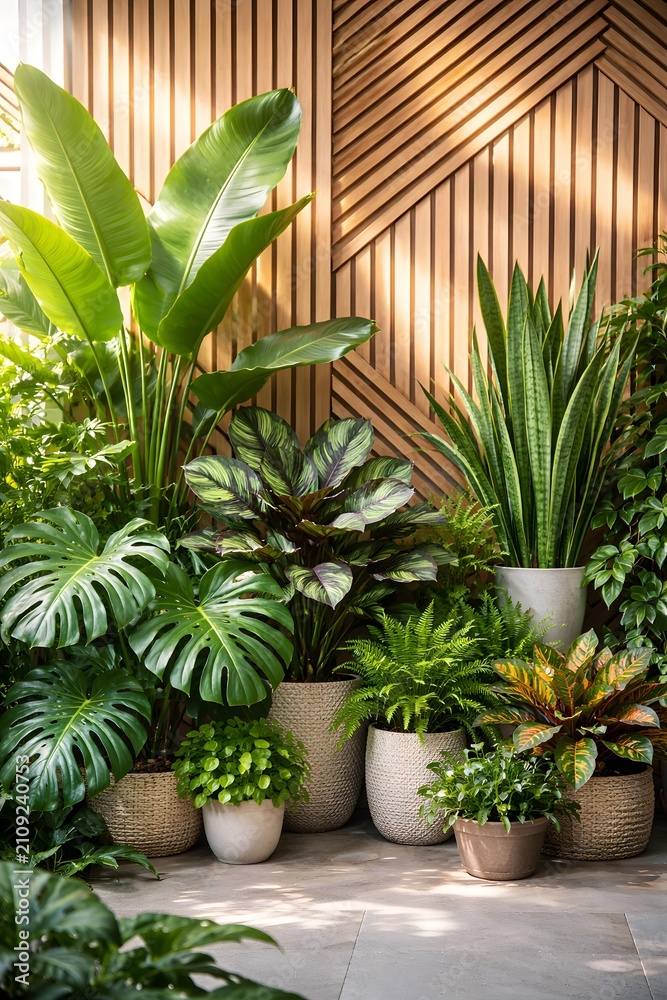 Fototapeta premium Indoor garden with variety of green leafy tropical plants in decorative pots against wooden geometric panel wall with natural sunlight