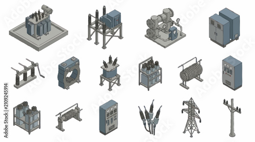 Collection of industrial machinery and electrical equipment isometric icons.