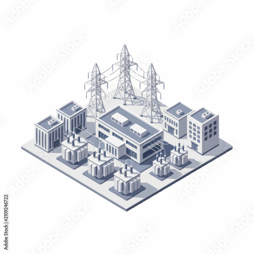 Isometric view of a modern electrical power substation complex.