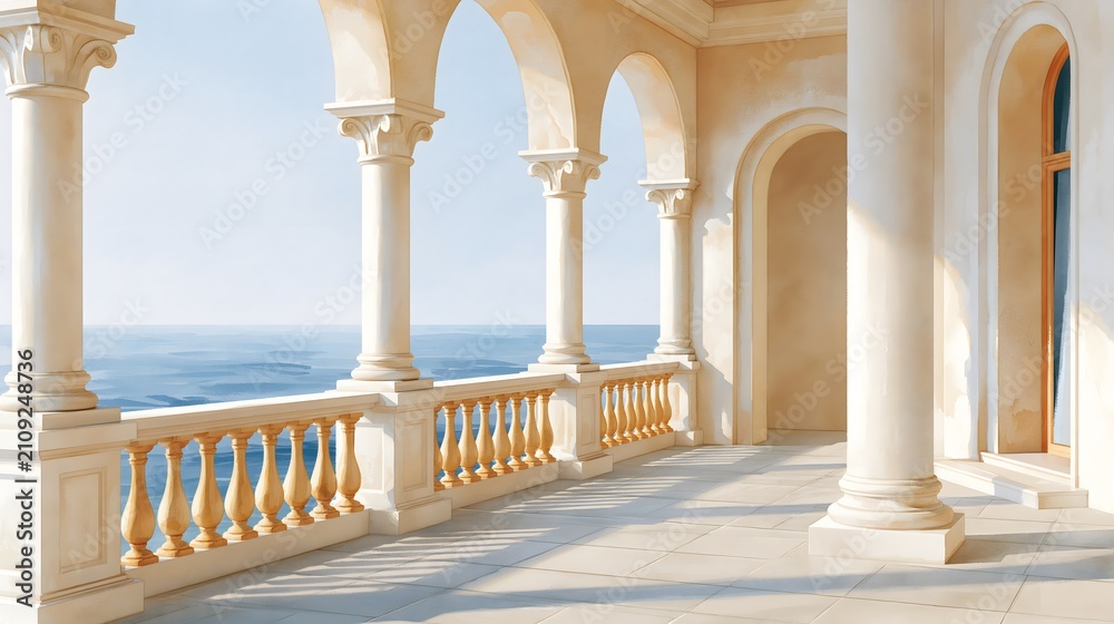 Fototapeta premium Classical Mediterranean balcony with white marble columns and arches overlooking blue sea ocean view illustration