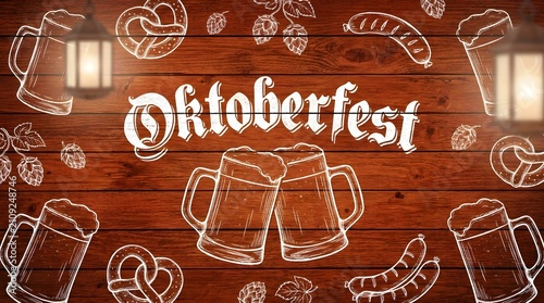 Oktoberfest bavarian beer festival illustration with pretzel sausage and hops on wood texture