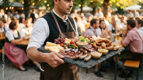 Bavarian waiter carrying a large charcuterie board through a crowded beer garden celebration