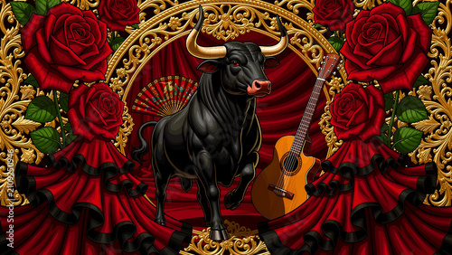 Powerful black bull standing amidst red roses and a Spanish guitar. Ornate gold frame encircles the scene with flamenco ruffles and a traditional fan. Spanish culture and heritage concept.