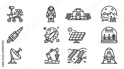Space Exploration Icons: Rocket, Astronaut, Rover, Habitat, Satellite, Lander