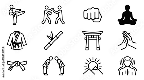Martial Arts Icons: Karate, Zen, Dojo, Samurai Spirit - Vector Symbols