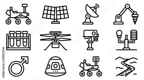 Space Exploration Icons: Rover, Drone, Satellite, Robot Arm, Capsule, Solar Panel, Test Tubes, Mars Symbol