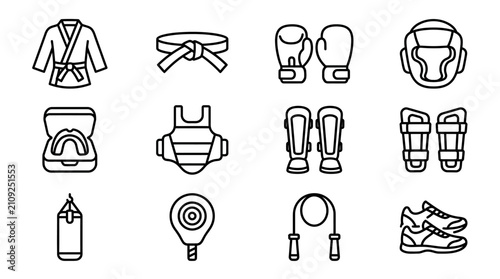 Martial Arts Equipment Icons Set: Karate Gi, Belt, Gloves, Headgear, Mouthguard, Chest Protector, Shin Guards, Punching Bag, Speed Bag, Jump Rope, Shoes
