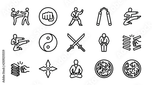 Martial Arts Icons: Karate, Kung Fu, Ninjutsu, Taekwondo, Judo, Aikido, Karateka, Samurai
