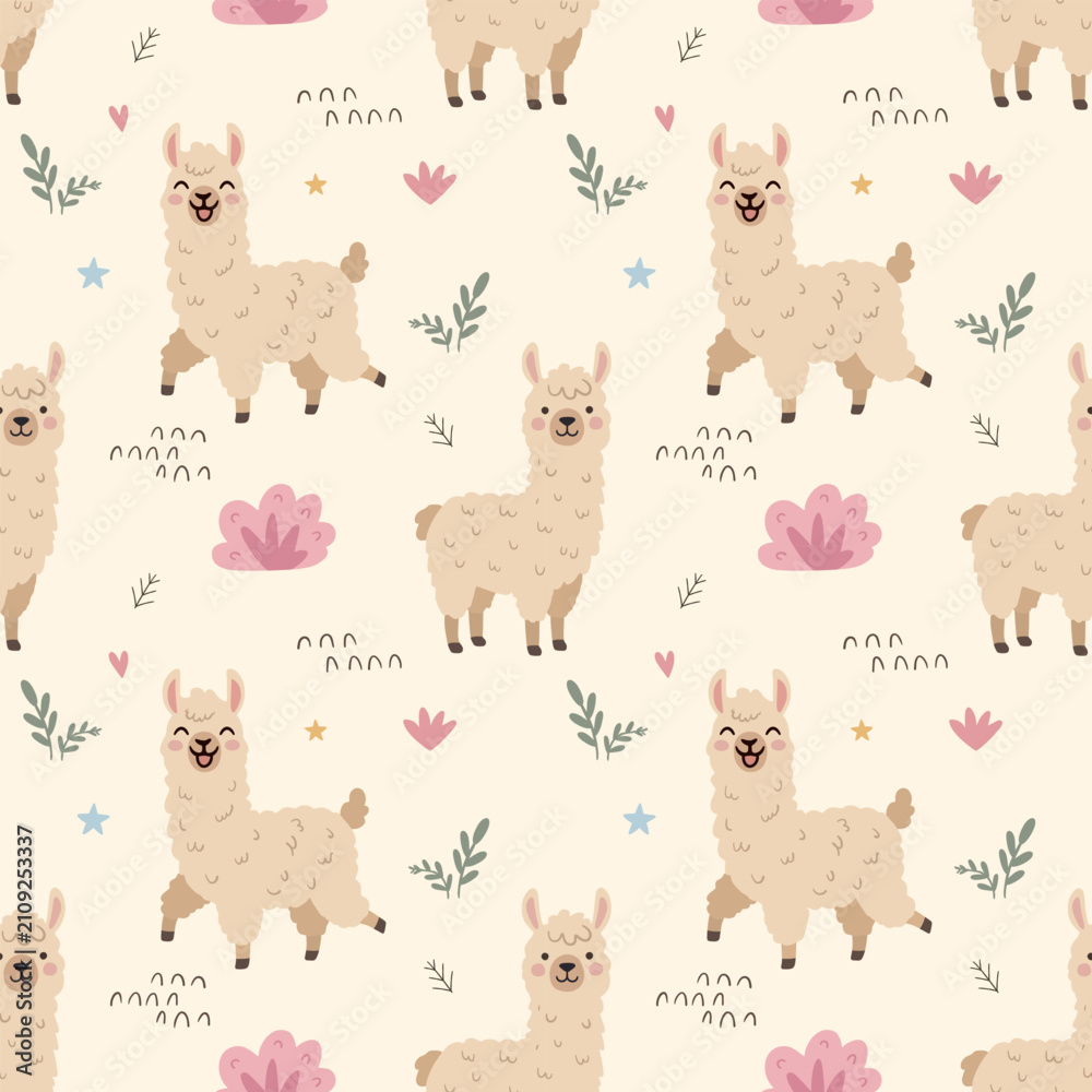 Fototapeta premium Cute Llama Alpaca Seamless Pattern, Kawaii Childlike Animal Cartoon Background with Botanical Leaves Illustration, Minimalist Muted Pastel Earth Tones Nursery Kids Repeatable Surface Wallpaper
