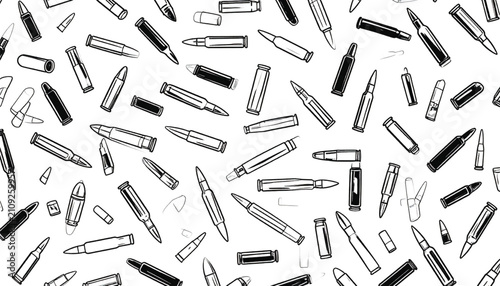 Seamless Pattern of Bullets and Ammunition in Minimalist Outline Style, Black and White Vector Illustration