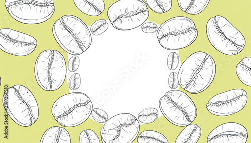 Seamless Pattern of Hand-Drawn Coffee Beans on a Light Green Background