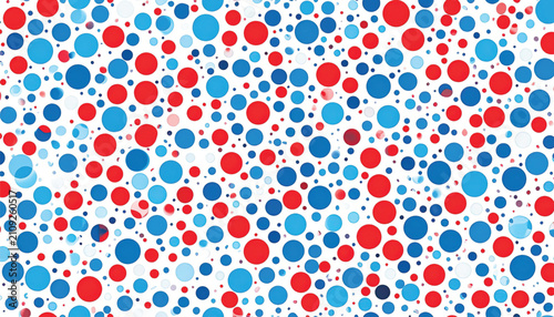 Seamless Pattern of Red, Blue, and Cyan Circles on White Background, Modern Abstract Design