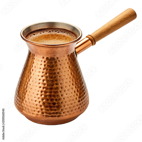 Copper turkish coffee pot cezve with wooden handle filled with fresh brewed espresso foam