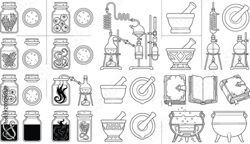 Konstfotografi Alchemy and vintage chemistry equipment line art icon set for fantasy and scient