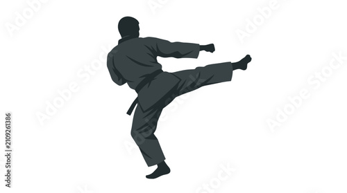 Martial artist executes a high side kick while demonstrating agility and core strength in a minimalist style.