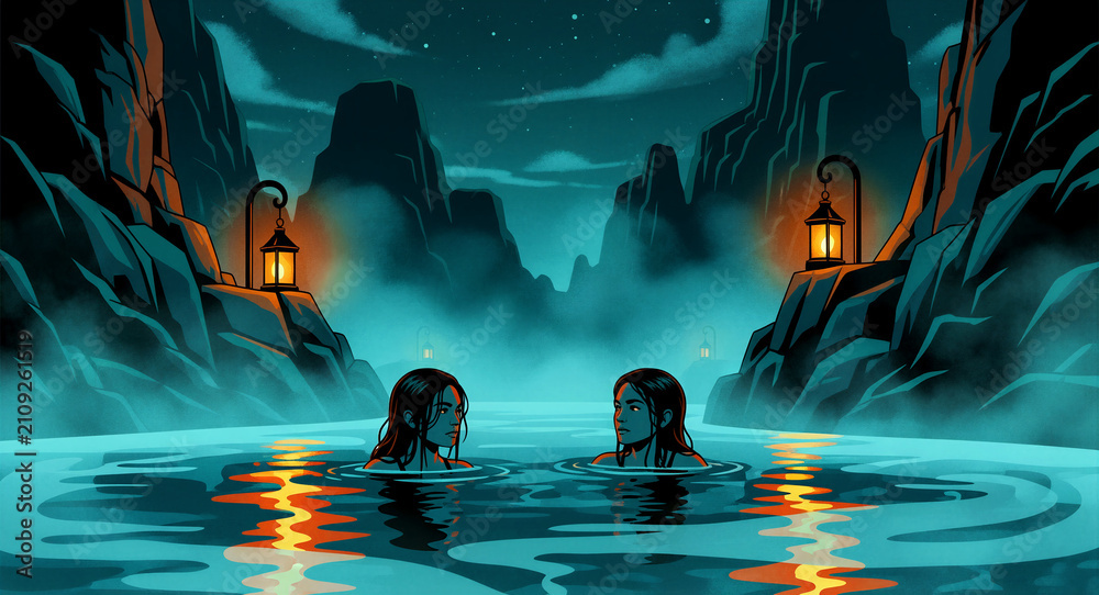 Obraz premium Two women swimming in a mountain lake at night. Glowing lanterns illuminate a misty canyon landscape. Mystery and fantasy concept, ideal for book covers and atmospheric storytelling art.