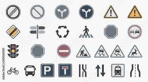 Elegant Collection of Minimalist Road Signs and Traffic Symbols in Monochrome and Bright Colors for Design Projects