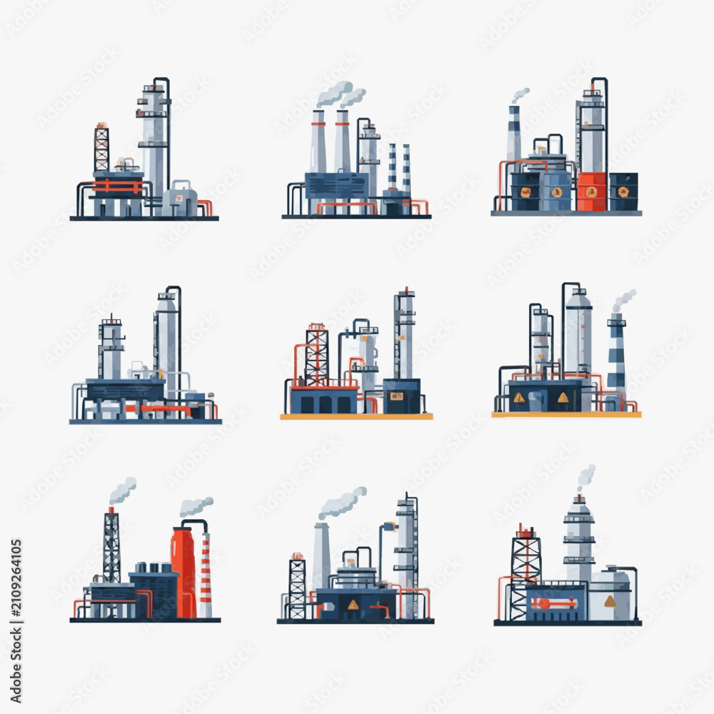 Obraz premium Industrial Set of Nine Diverse Factory and Oil Rig Structures with Pipes Smokestacks and Equipment in Blue Gray Orange and White