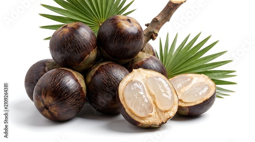 Fresh Asian palmyra palm fruit with green leaves isolated on white background.