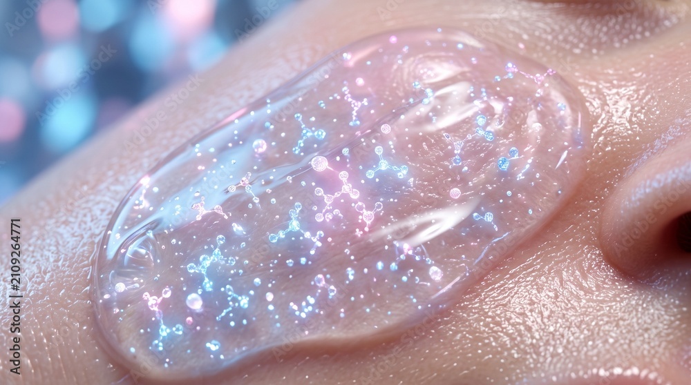 Fototapeta premium Glittering cosmetic gel on human skin, shimmering facial serum with sparkling particles, moisturizing skincare product texture for beauty advertising