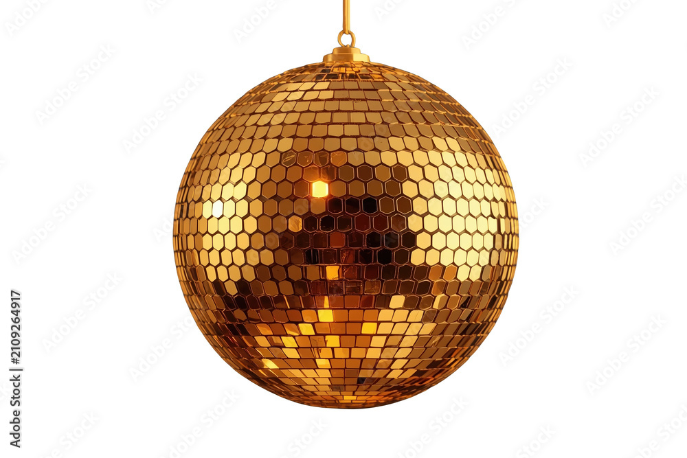 Fototapeta premium Golden disco ball reflecting light, hanging with a transparent background. Celebrating party, dance, 1970s nightlife