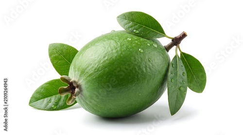 Fresh whole feijoa fruit with green leaves isolated on white background.