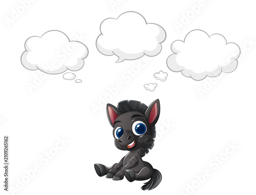 Cartoon Black Horse Sitting with Three Empty Thought Bubbles