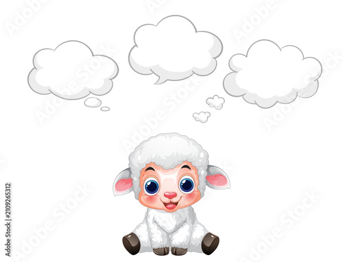 Cartoon Lamb Character Sitting with Three Empty Thought Bubbles