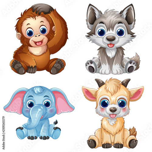 Set of Four Cute Cartoon Baby Animals on White Background