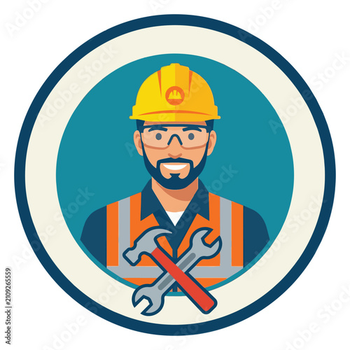 Cartoon icon of a construction worker with hard hat, hammer, and wrench