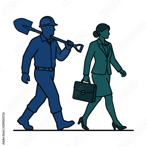 Vector illustration of a blue-collar worker with a shovel and a white-collar businesswoman with a briefcase walking together