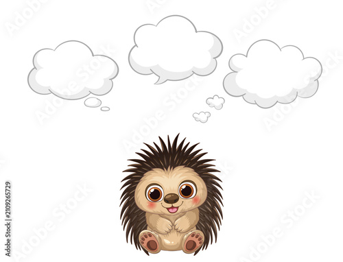 Cute Cartoon Hedgehog Sitting with Empty Thought Bubbles Vector Illustration