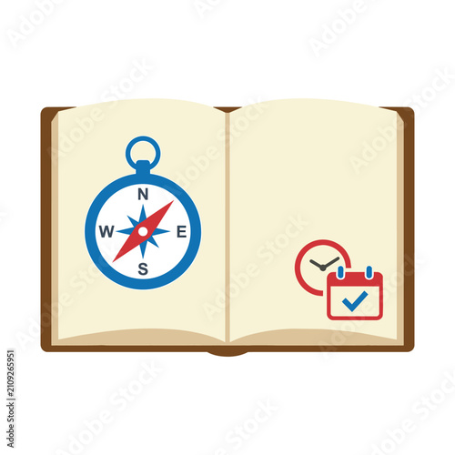 Vector illustration of an open book with a compass, clock, and calendar icons for planning and direction