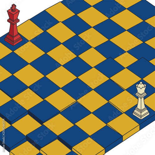 Isometric vector illustration of a chess king and queen on a multi-level board