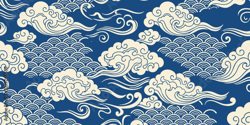 Traditional Japanese oriental seamless wave and cloud vector pattern background, elegant vintage asian textile wallpaper design