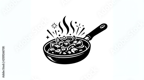 Minimalist black and white icon depicting steaming hot food inside a cooking frying pan