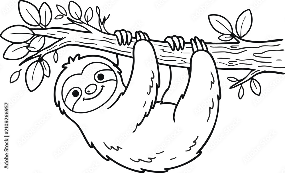 Fototapeta premium Black and white of a smiling sloth hanging from a tree branch smile