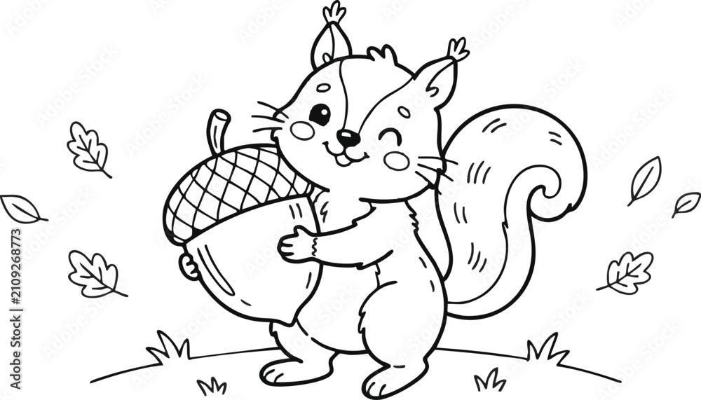 Fototapeta premium Cartoon baby squirrel character holding oversized acorn in autumn scene cartoon squirrel