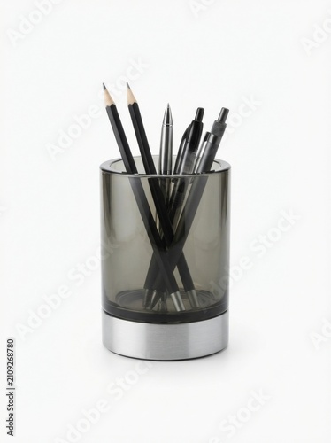 Modern glass and steel desk organizer for pens and pencils with organizer