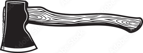 Fotografía Black and white of a felling axe with a detailed wooden handle grain pattern, is