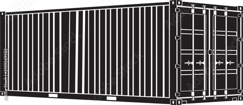 Black and white of a standard corrugated shipping container, showing side and end door panels with locking bars and corner castings
