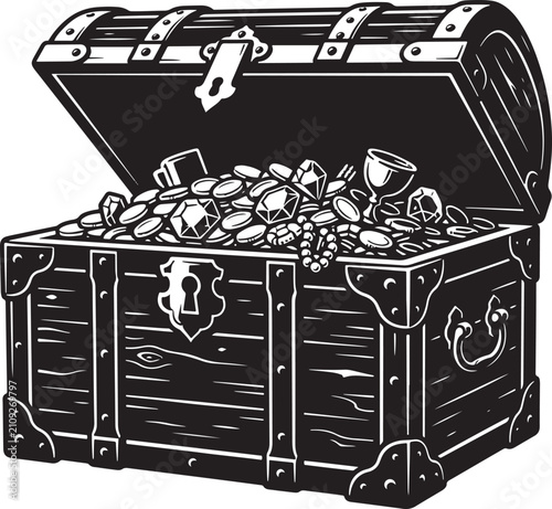 Obraz na plátně Black and white of an open wooden treasure chest filled with gold coins, gemston