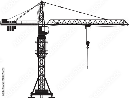 Cuadro en lienzo Black silhouette of a tower crane, construction machinery with lattice mast, cou