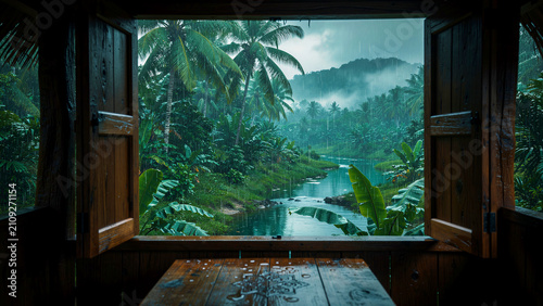 Tropical rain falls over a jungle river viewed through an open window. Palm trees and mist surround the lush waterway. Peaceful nature retreat concept for travel and wellness marketing.