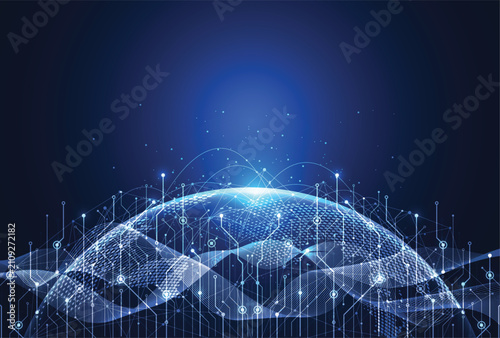 Abstract futuristic global network connection background with glowing planet earth and big data waves.