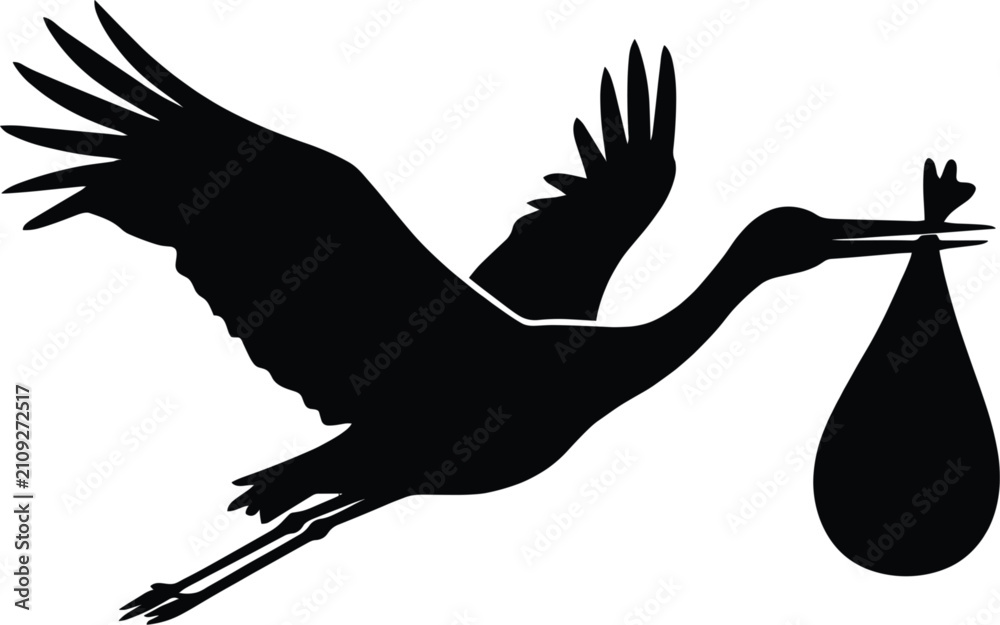 Fototapeta premium Flying stork carrying a baby bundle vector silhouette illustration for birth announcements and baby shower design