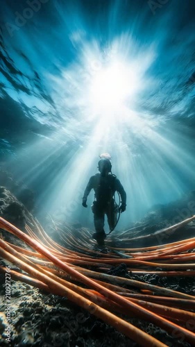 A professional diver examines underwater cables surrounded by dramatic sun rays penetrating the sea. The image captures the intersection of technology, connectivity, and oceanic adventure