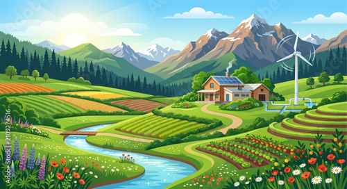 Sustainable green energy landscape vector, eco friendly farm with wind turbine and solar panels, rural countryside mountain valley scenery