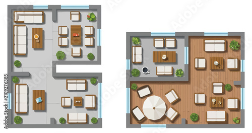Two aerial perspective arrangements of furnished outdoor seating areas showcasing patio furniture configurations for relaxation and social gatherings with plants adding decorative elements to